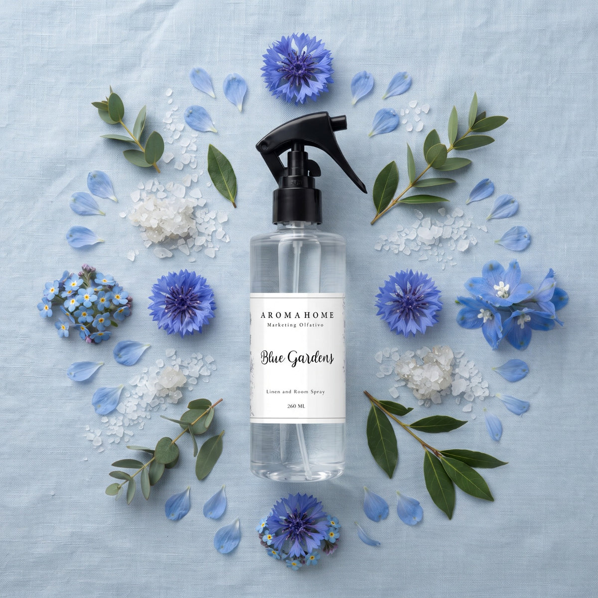 Spray Room Blue Gardens con flores azules y sal marina – Aroma Home