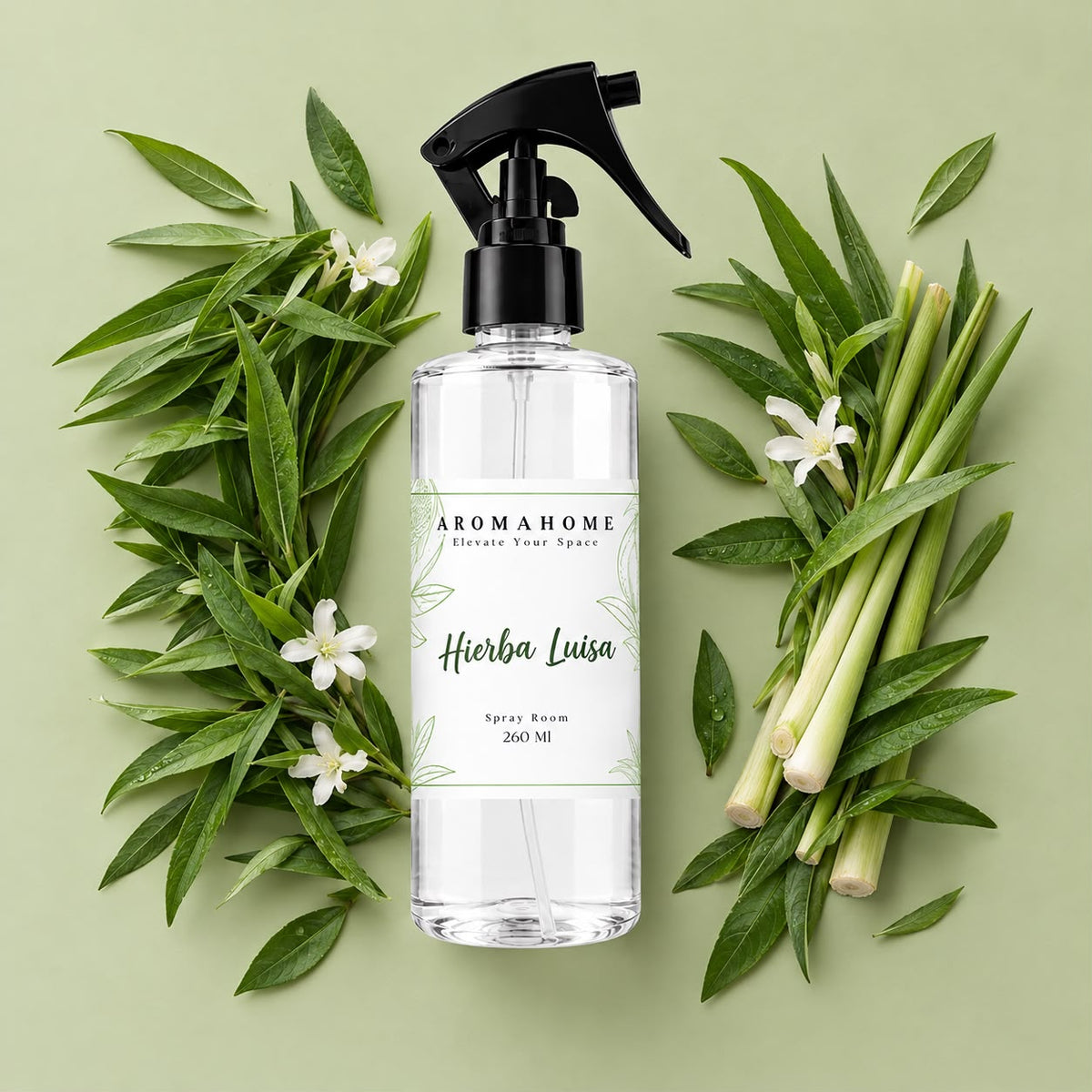 Spray Room Hierba Luisa con hojas de hierba luisa y flores blancas – Aroma Home